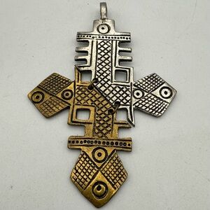 Brass Silver Ethiopian Coptic Cross Pendant 101x72mm African Large Hole Handmade